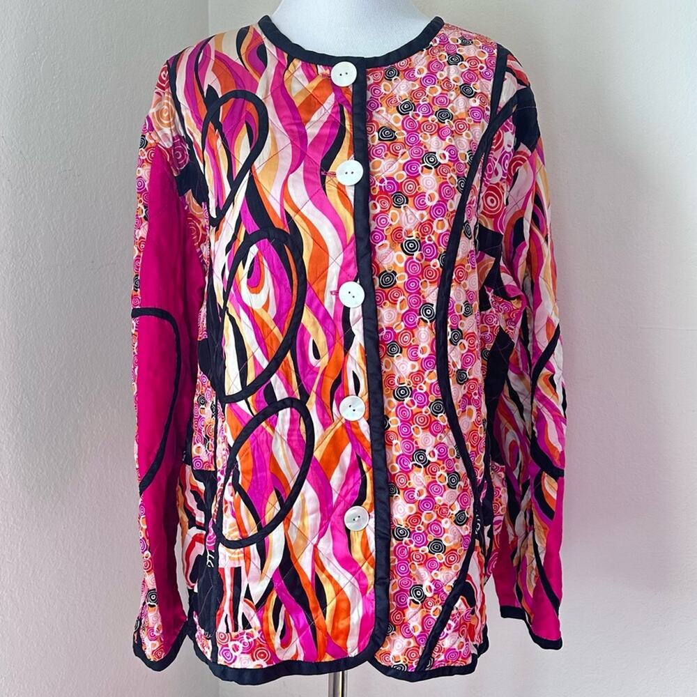 Vintage Colorful Abstract Quilted Jacket Button Front Artsy Boho 100% Silk - Picture 2 of 10